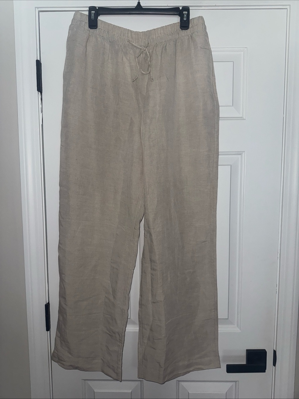 H&M Womens Large Light Beige Linen-Blend Elastic Waist Straight Leg Pants NWT